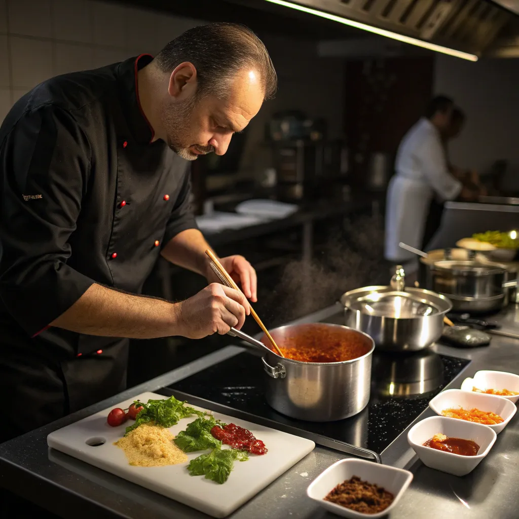 Instructor demonstrating French sauce preparation