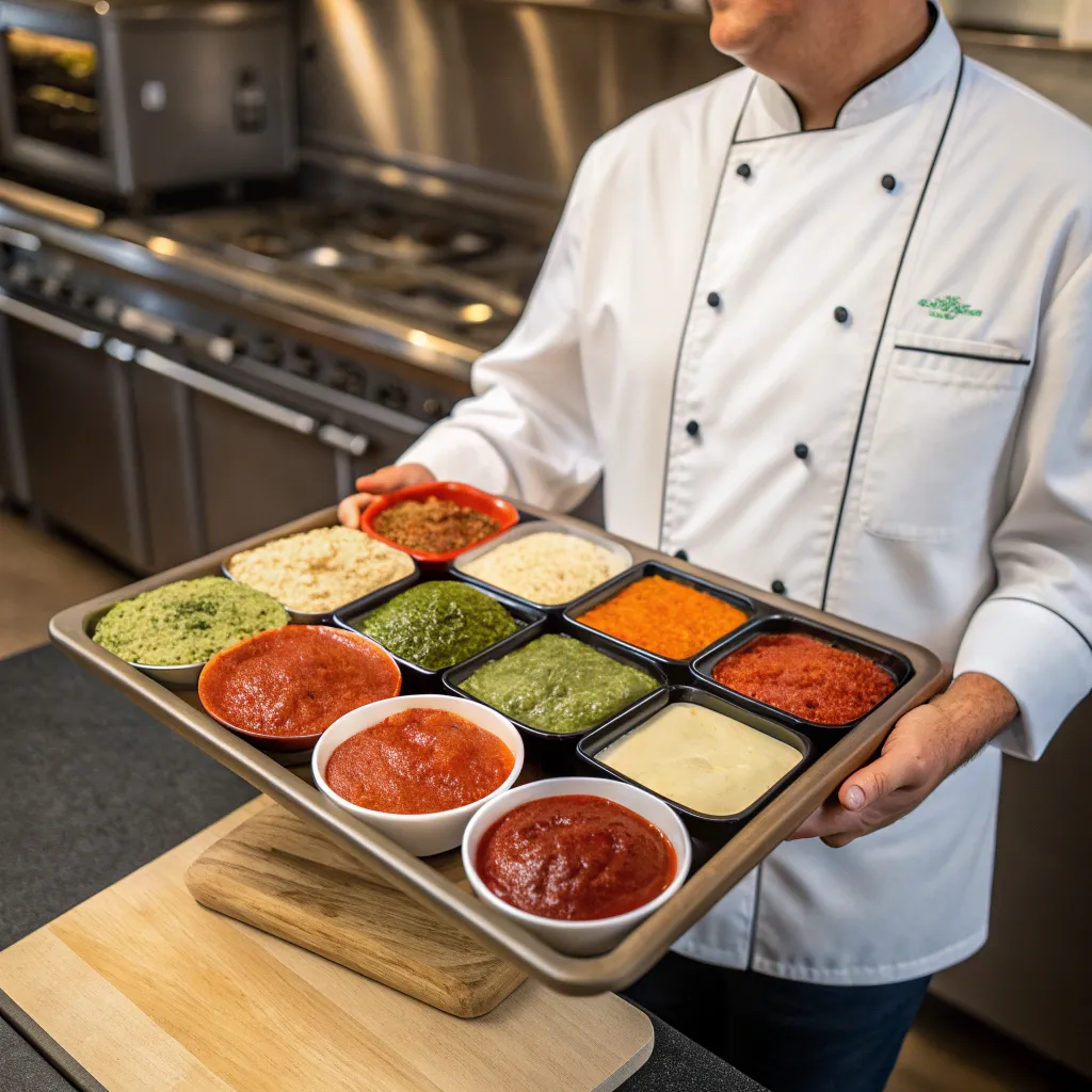 Chef presenting diverse Italian sauces
