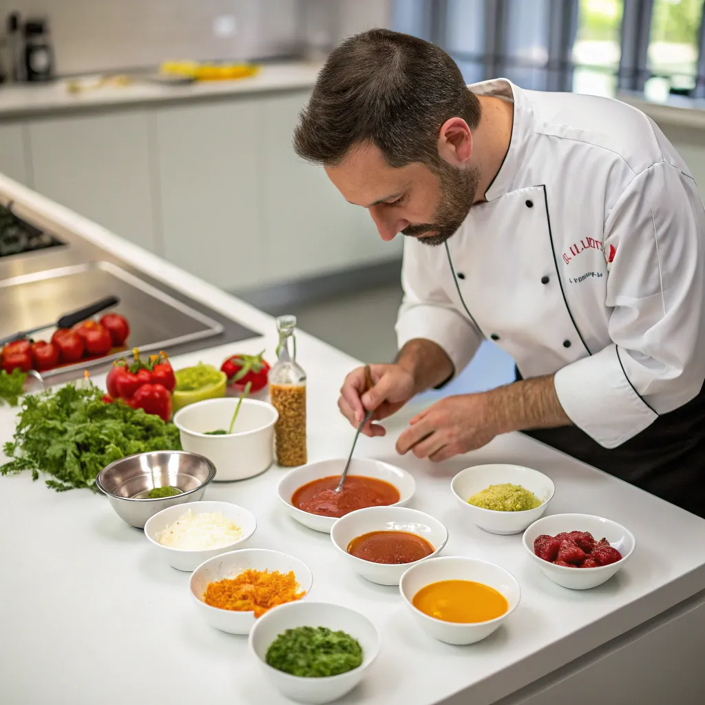 Instructor demonstrating sauce preparation